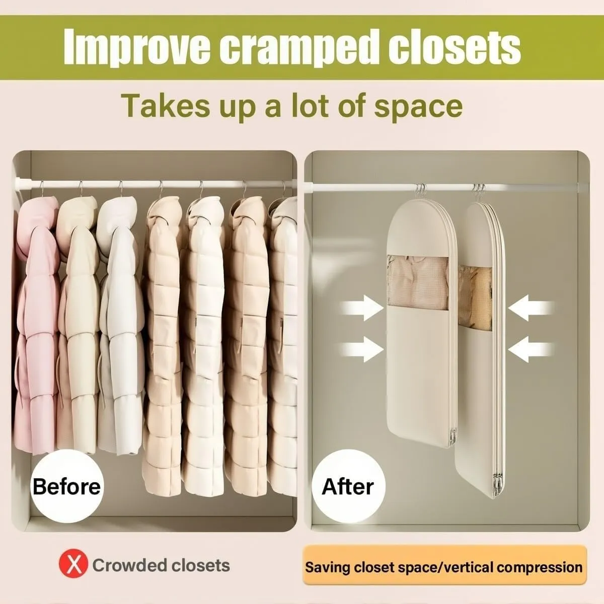 Space Saving Hanging Garment Bag with Self Compression Zipper, Dust Cover Clothes Bags for Down Coat, with Dust Cover, Suitable for Wardrobe Storage and Travel Wardrobe Storage(Apricot,M)