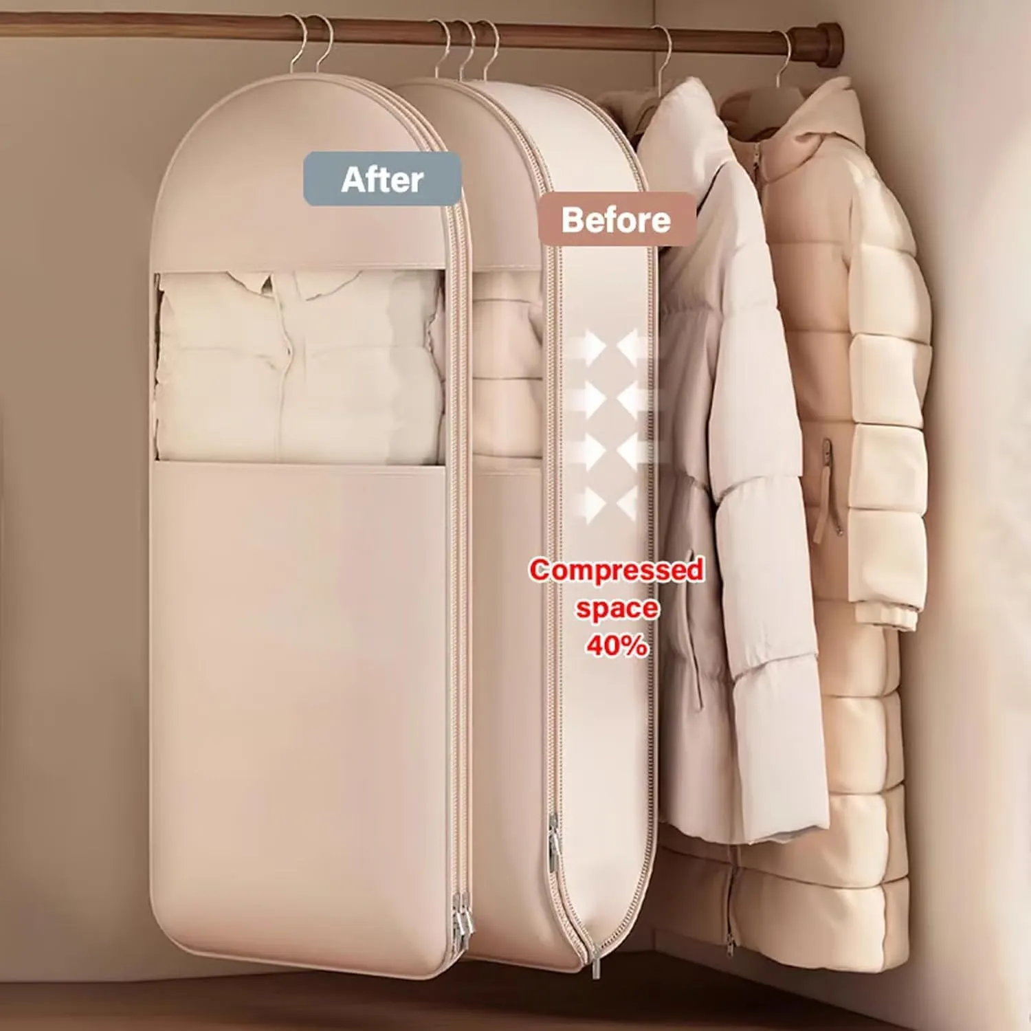 Space Saving Hanging Garment Bag with Self Compression Zipper, Space Saver Hanging Garment Bags, Winter Coat Storage (Pink, L)