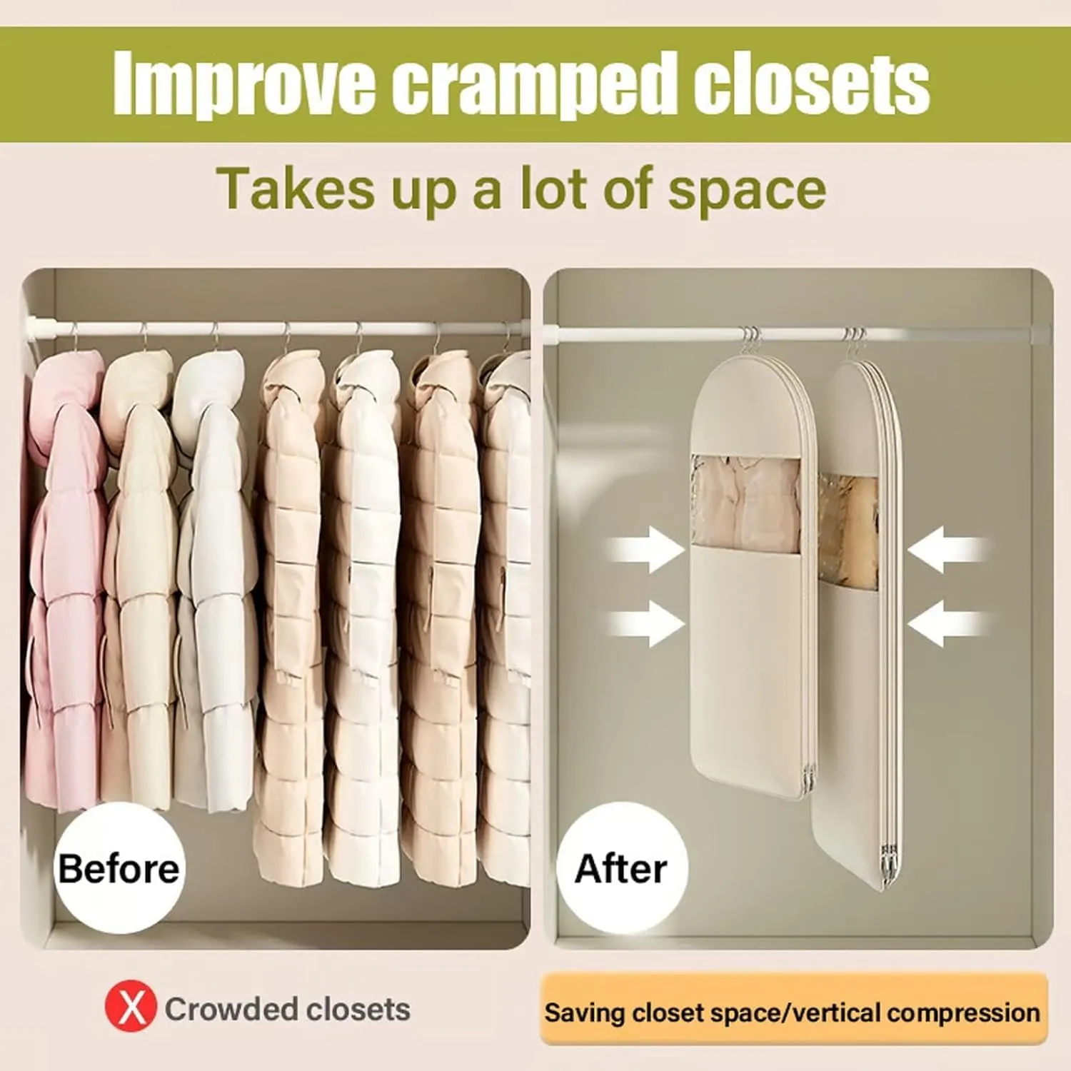 Space Saving Hanging Garment Bag with Self Compression Zipper, Space Saver Hanging Garment Bags, Winter Coat Storage (Pink, L)