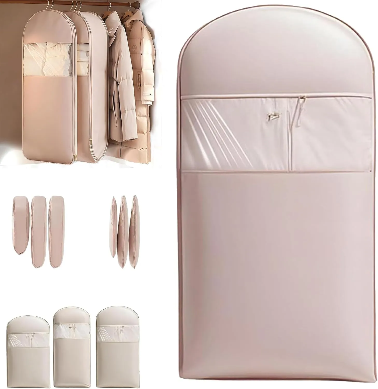 Space Saving Hanging Garment Bag with Self Compression Zipper, Space Saver Hanging Garment Bags, Winter Coat Storage (Pink, L)