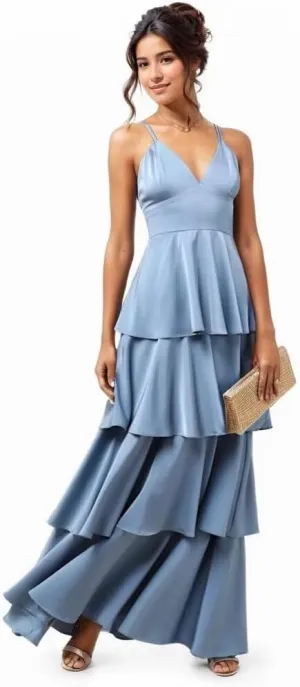 Spaghetti Straps V-Neck Bridesmaid Dresses for Wedding Ruffle Pleated Satin Tiered Formal Party Evening Gowns