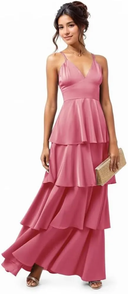 Spaghetti Straps V-Neck Bridesmaid Dresses for Wedding Ruffle Pleated Satin Tiered Formal Party Evening Gowns