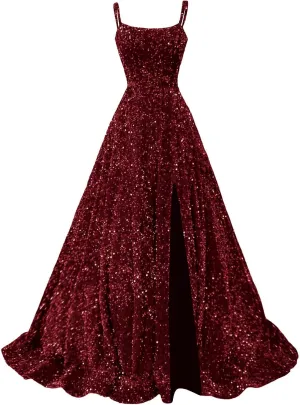 Sparkly Sequin Prom Dresses for Women 2025 Long Ball Gown Spaghetti Straps Formal Evening Gowns with Slit