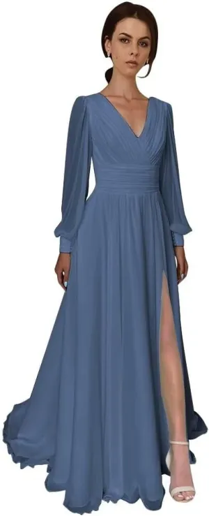 Split Chiffon V Neck Long Sleeve Prom Dresses Formal Dress for Women A-Line Pleated Maxi Gown