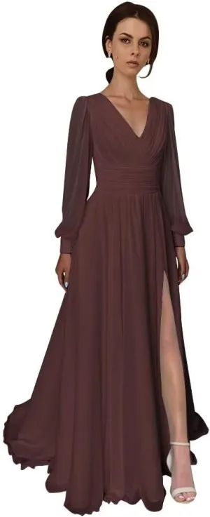 Split Chiffon V Neck Long Sleeve Prom Dresses Formal Dress for Women A-Line Pleated Maxi Gown