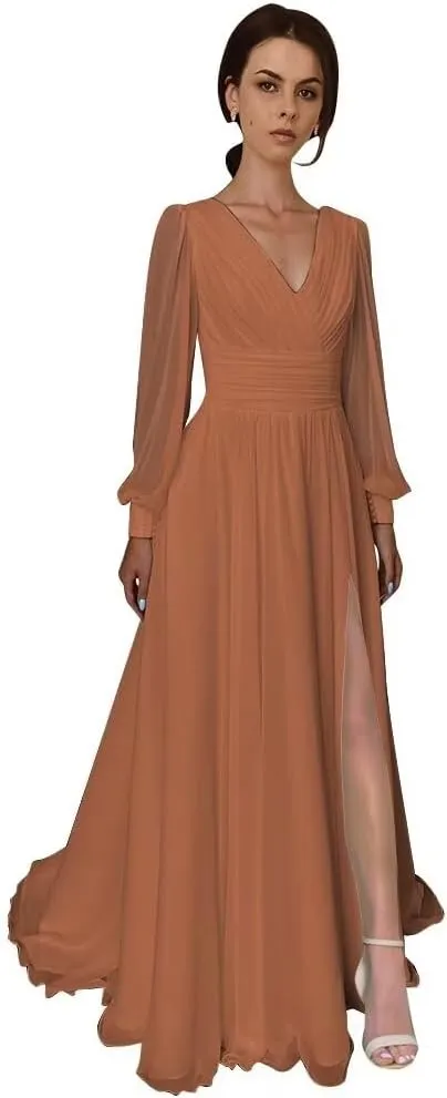 Split Chiffon V Neck Long Sleeve Prom Dresses Formal Dress for Women A-Line Pleated Maxi Gown