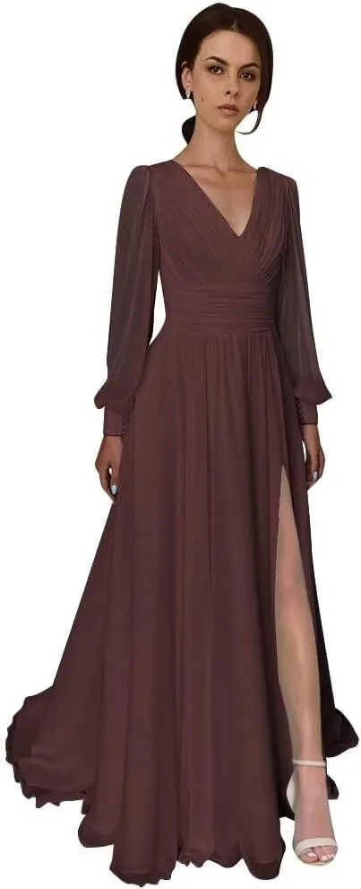 Split Chiffon V Neck Long Sleeve Prom Dresses Formal Dress for Women A-Line Pleated Maxi Gown