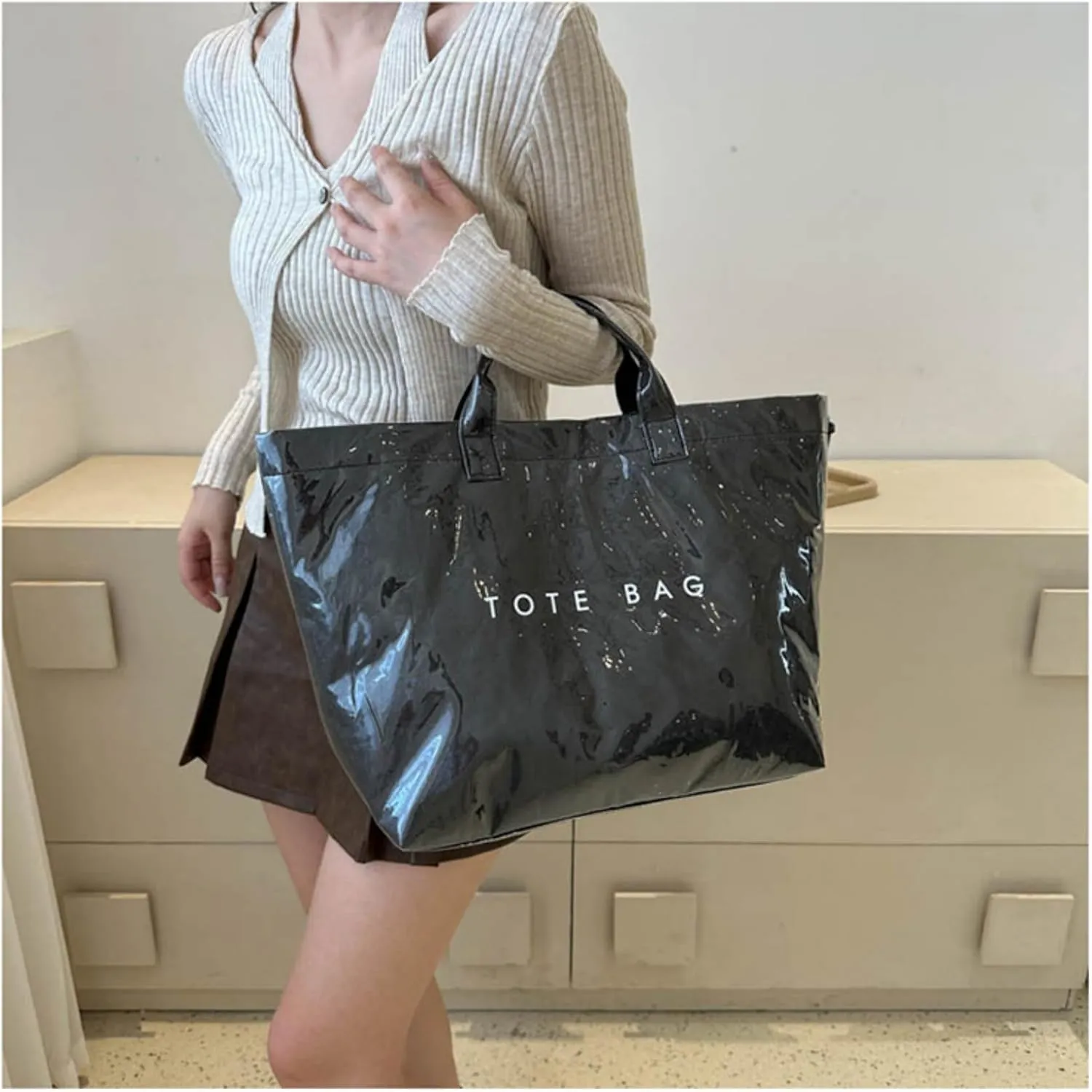 Stellaya Tote Bag, Plastic Tote Bag,Women's Letters Print Large Kraft Paper Carry All Bag Top Handle Clear Hobo Handbag