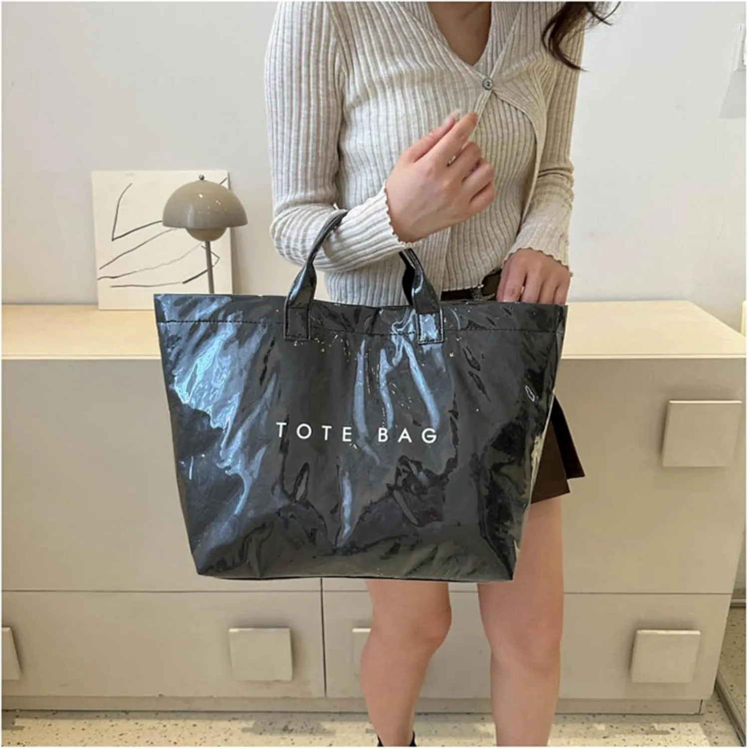 Stellaya Tote Bag, Plastic Tote Bag,Women's Letters Print Large Kraft Paper Carry All Bag Top Handle Clear Hobo Handbag