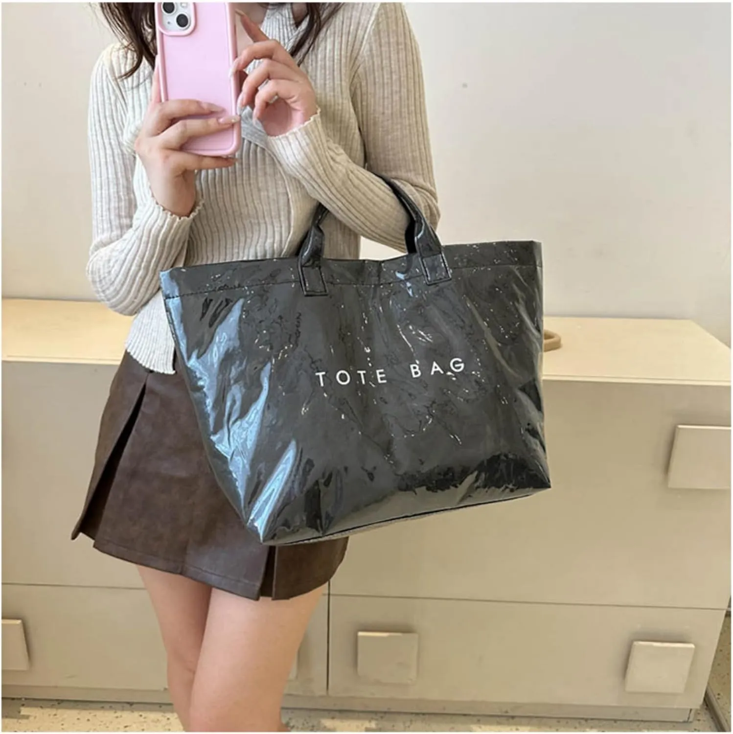 Stellaya Tote Bag, Plastic Tote Bag,Women's Letters Print Large Kraft Paper Carry All Bag Top Handle Clear Hobo Handbag