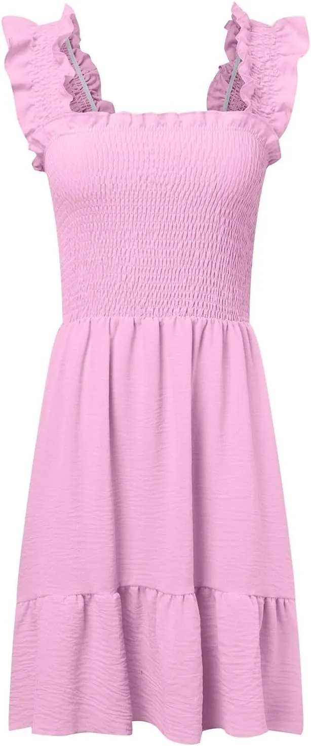 Summer Babydoll Dresses for Women 2025 Vacation Cute Ruffle Cap Sleeve V-Neck Flowy Swing Mini Dress Sundress