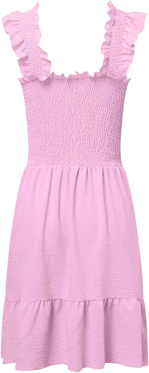 Summer Babydoll Dresses for Women 2025 Vacation Cute Ruffle Cap Sleeve V-Neck Flowy Swing Mini Dress Sundress