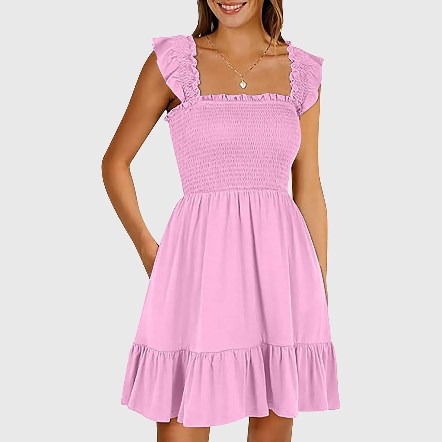 Summer Babydoll Dresses for Women 2025 Vacation Cute Ruffle Cap Sleeve V-Neck Flowy Swing Mini Dress Sundress