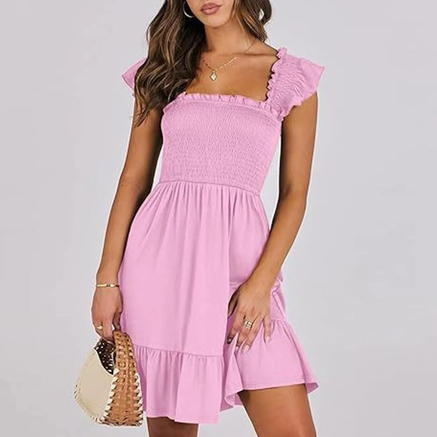 Summer Babydoll Dresses for Women 2025 Vacation Cute Ruffle Cap Sleeve V-Neck Flowy Swing Mini Dress Sundress