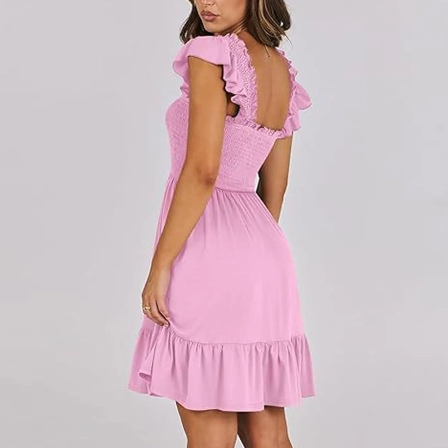 Summer Babydoll Dresses for Women 2025 Vacation Cute Ruffle Cap Sleeve V-Neck Flowy Swing Mini Dress Sundress