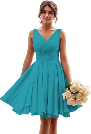 Summer Cocktail Dress Short Chiffon Mini Sundress Sleeveless V-Neck Casual Beach Dress