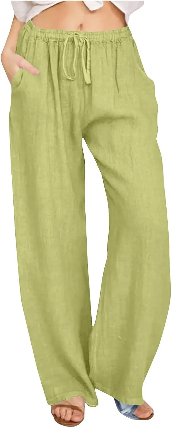 Summer Cotton Linen Pants for Women Loose Straight Leg Drawstring Trouser Casual Elastic Waist Long Pant with Pockets