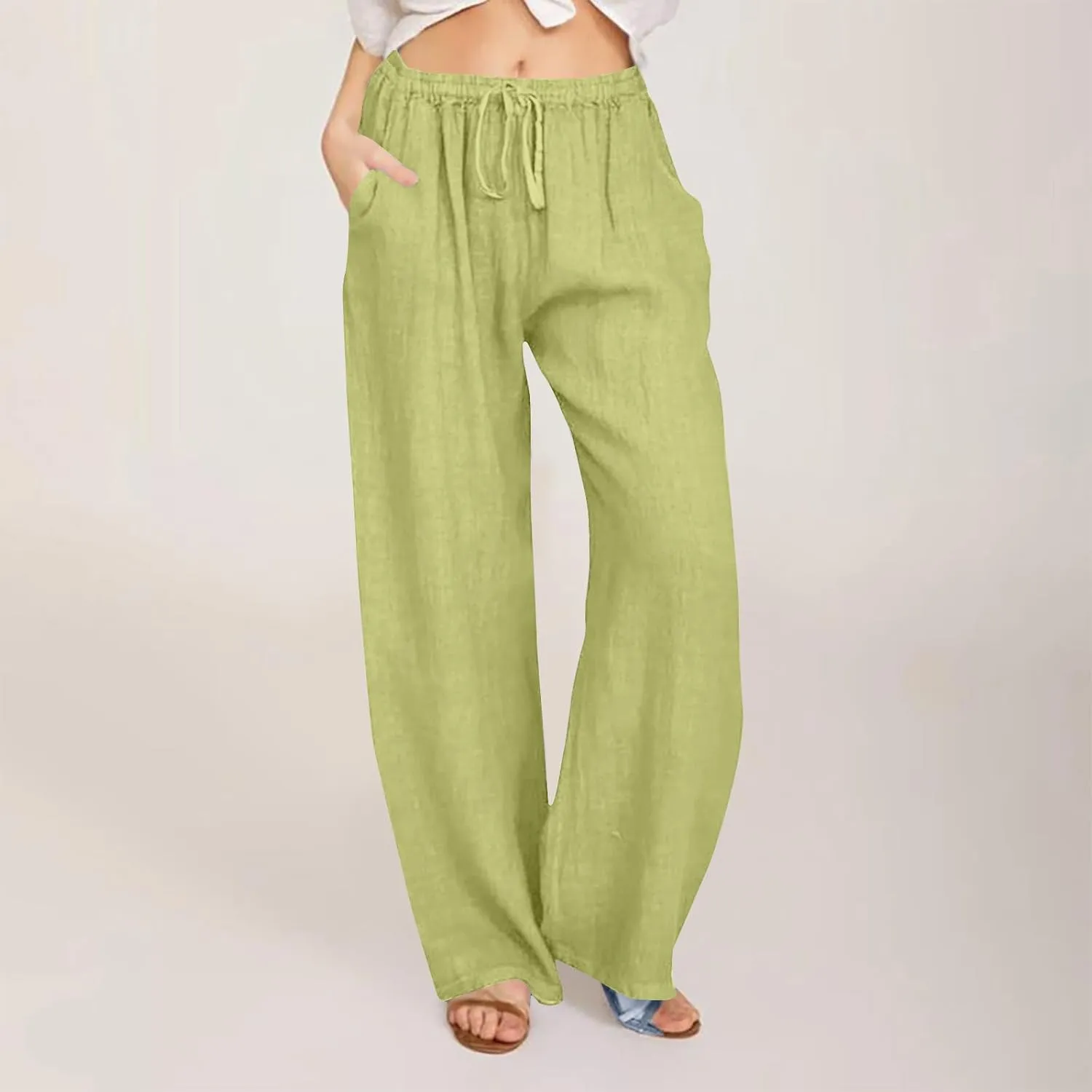 Summer Cotton Linen Pants for Women Loose Straight Leg Drawstring Trouser Casual Elastic Waist Long Pant with Pockets