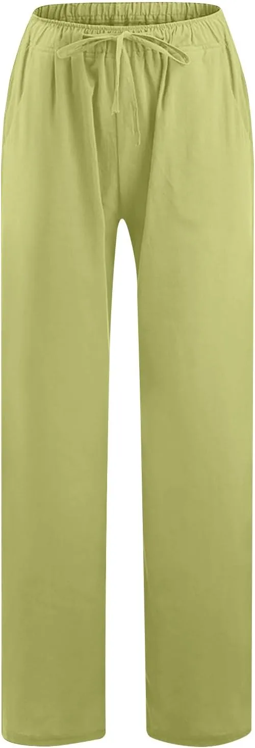 Summer Cotton Linen Pants for Women Loose Straight Leg Drawstring Trouser Casual Elastic Waist Long Pant with Pockets