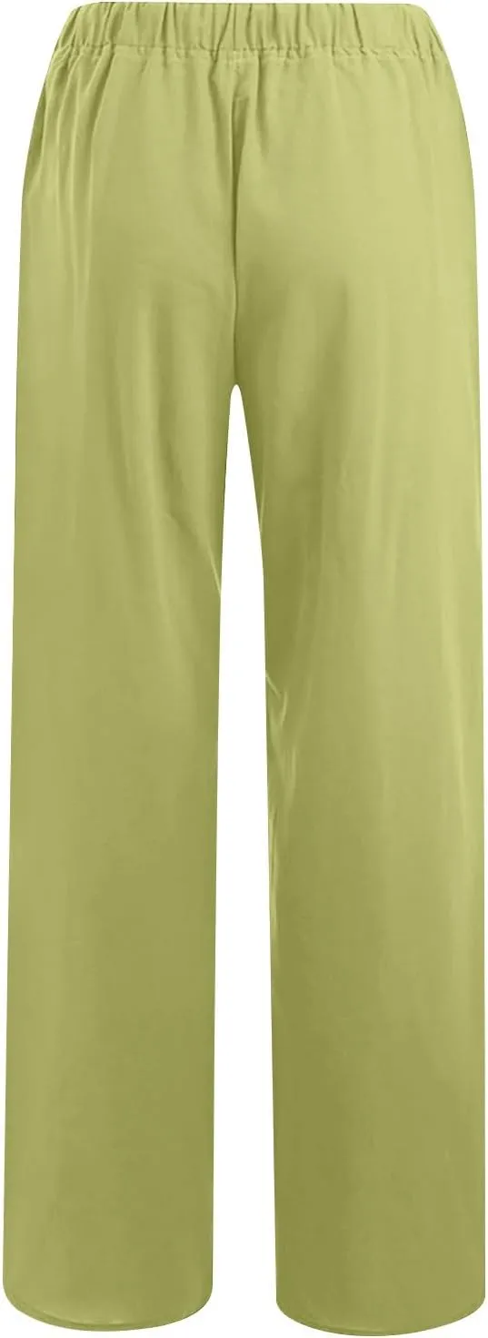 Summer Cotton Linen Pants for Women Loose Straight Leg Drawstring Trouser Casual Elastic Waist Long Pant with Pockets