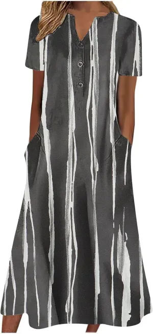 Summer Dresses for Women 2025 Floral Print Boho Beach V-Neck Buttons Short Sleeve Loose Midi Dress with Pockets