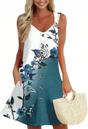 Summer Dresses for Women 2025 Loose Fit Sundress Sleeveless V Neck Beach Vacation Dress Casual Tank Dress with Pockets