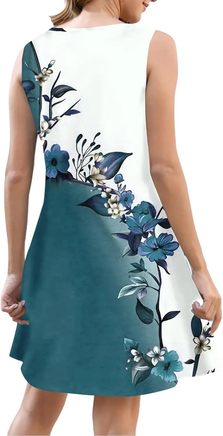 Summer Dresses for Women 2025 Loose Fit Sundress Sleeveless V Neck Beach Vacation Dress Casual Tank Dress with Pockets