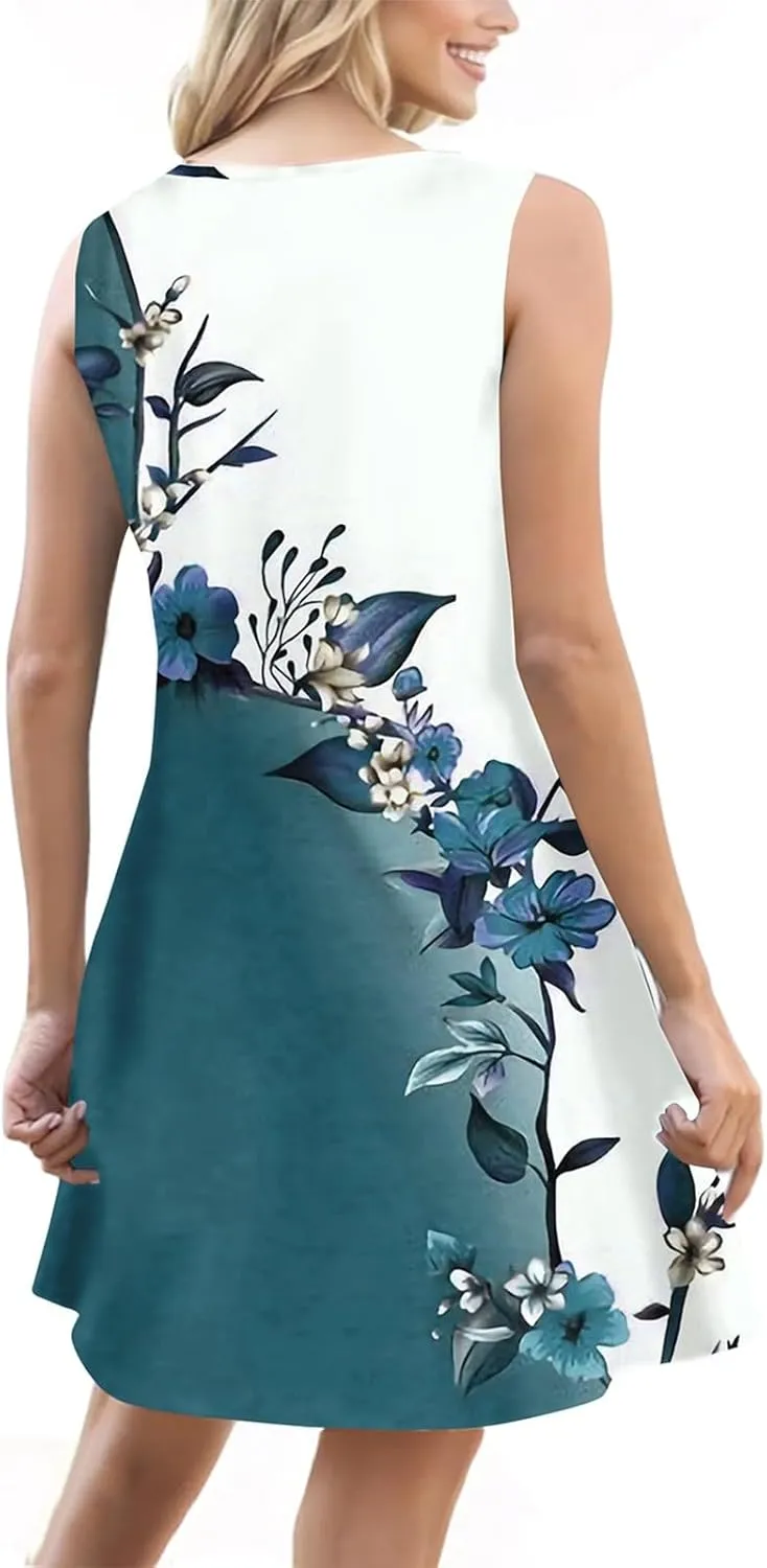 Summer Dresses for Women 2025 Loose Fit Sundress Sleeveless V Neck Beach Vacation Dress Casual Tank Dress with Pockets