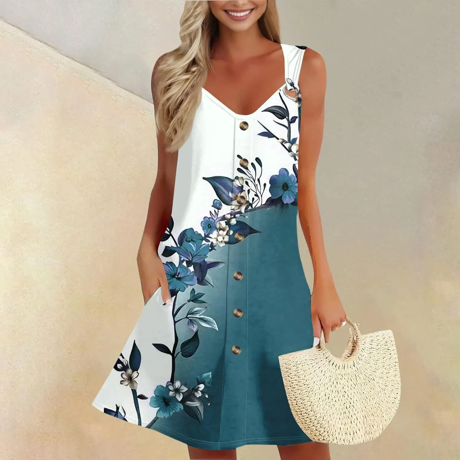 Summer Dresses for Women 2025 Loose Fit Sundress Sleeveless V Neck Beach Vacation Dress Casual Tank Dress with Pockets