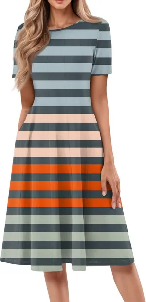 Summer Dresses for Women Flowy Casual Midi Dresses Aline Beach Tshirt Dress Floral Short Sleeve Dress with Pockets