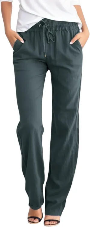 Summer Linen Pants Women Casual Lightweight Loose Lounge Trouser Drawstring Elastic High Waist Comfy Palazzo Long Pant