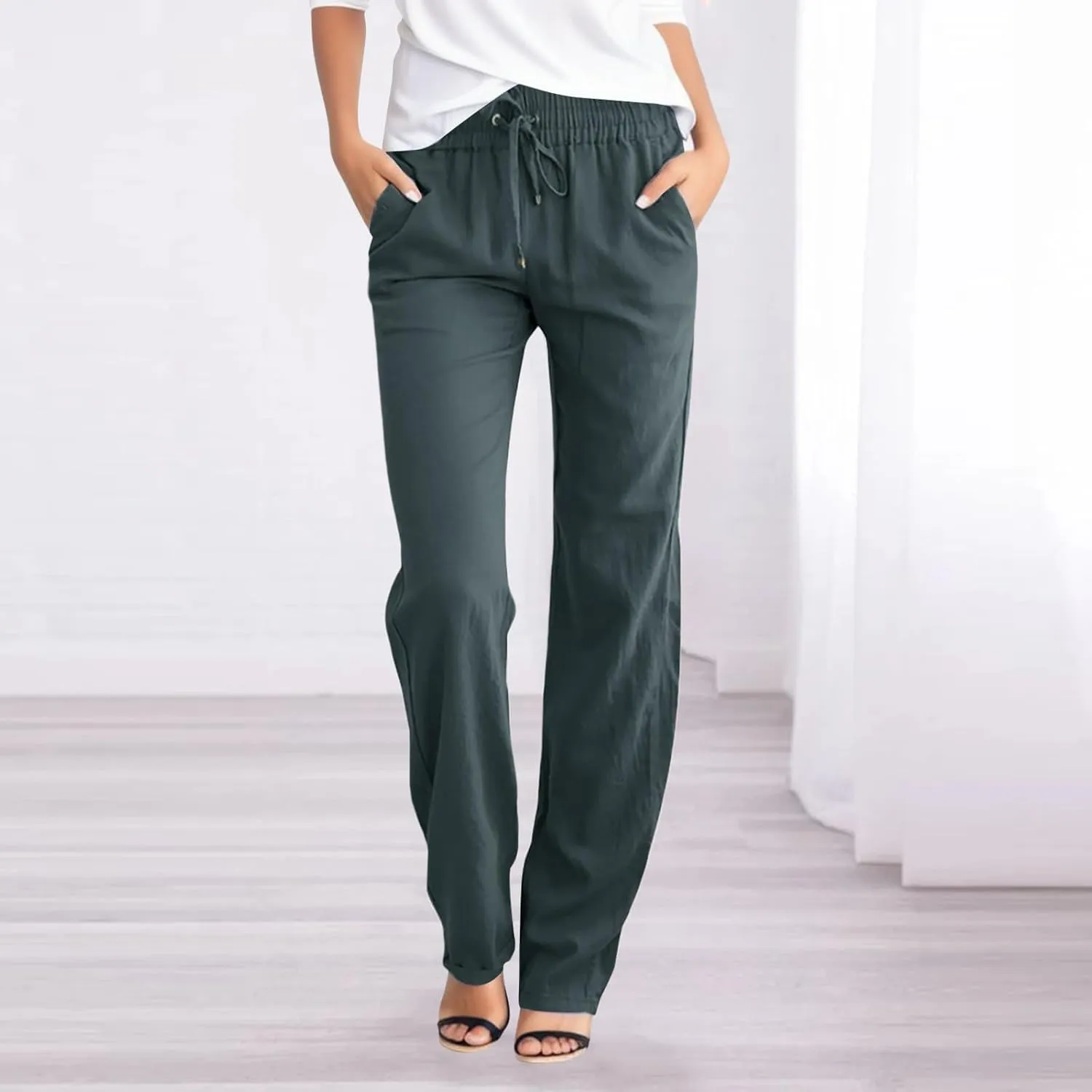 Summer Linen Pants Women Casual Lightweight Loose Lounge Trouser Drawstring Elastic High Waist Comfy Palazzo Long Pant