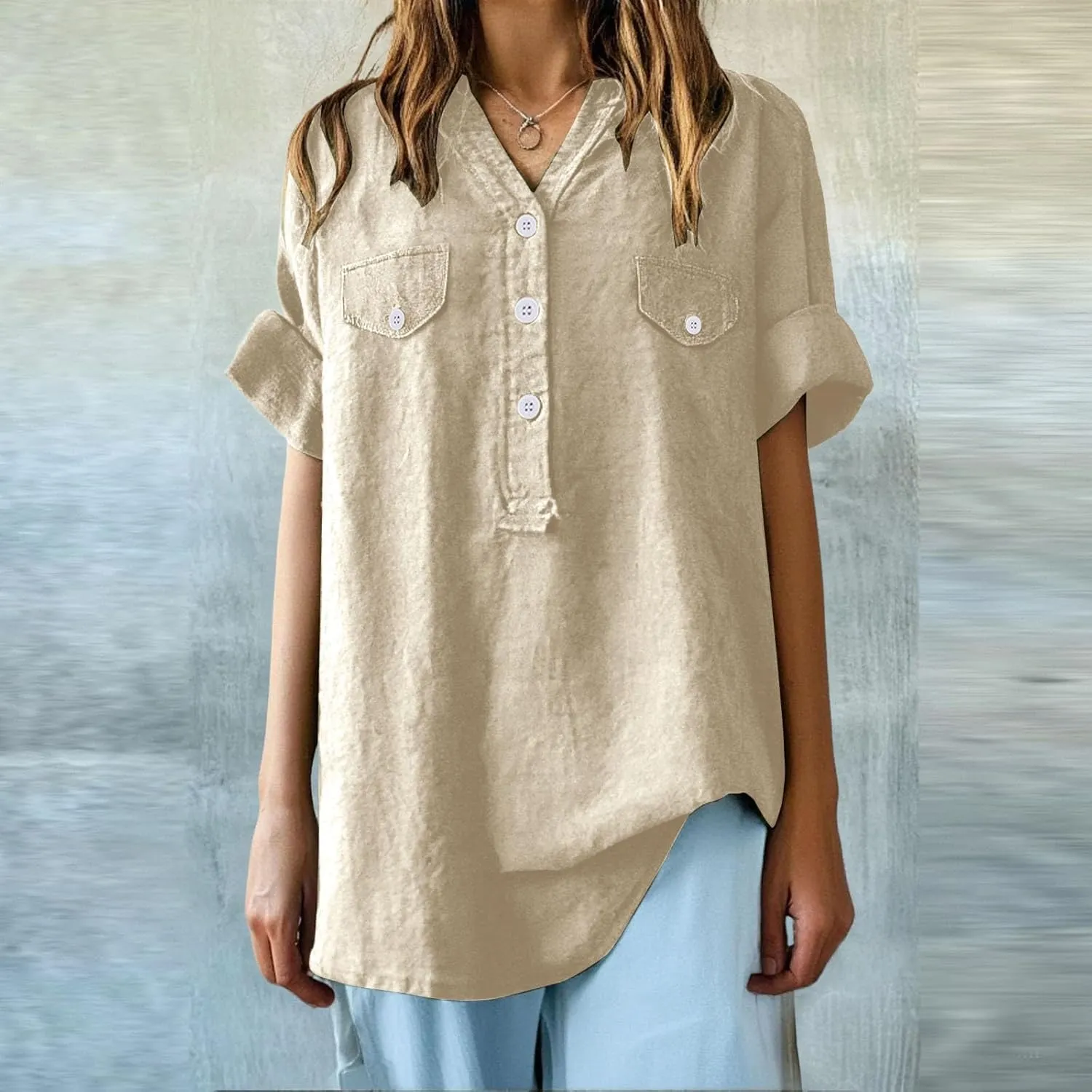 Summer Tops for Women 2025 Linen Short Sleeve Button Down V Neck T Shirts with Chest Pocket Casual Beach Tops