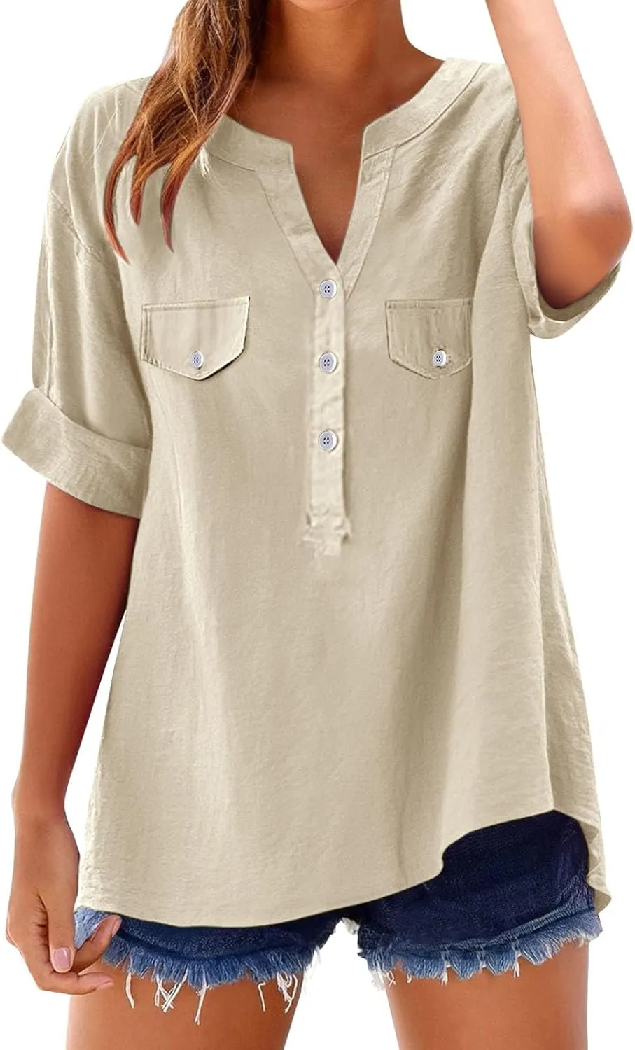 Summer Tops for Women 2025 Linen Short Sleeve Button Down V Neck T Shirts with Chest Pocket Casual Beach Tops