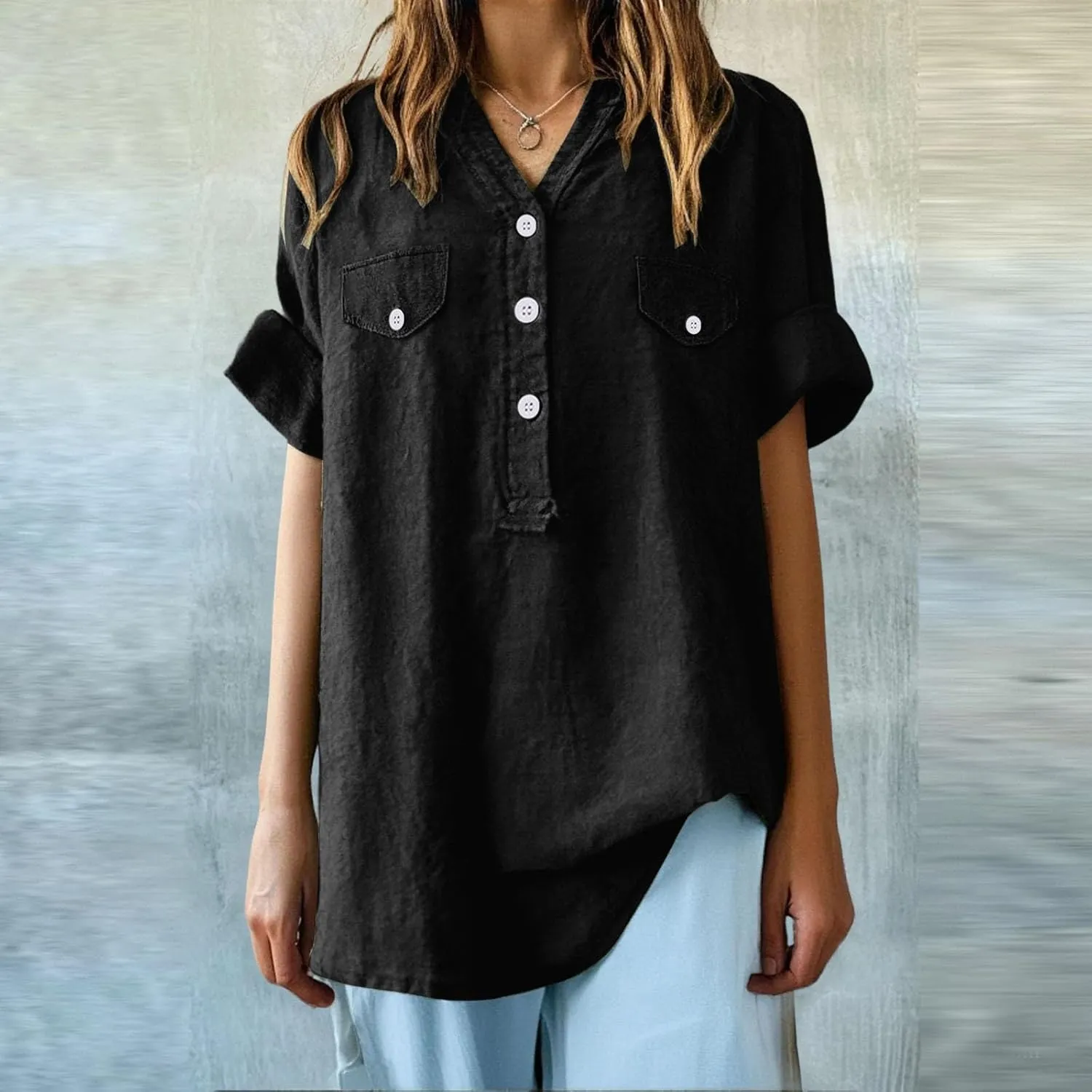 Summer Tops for Women 2025 Linen Short Sleeve Button Down V Neck T Shirts with Chest Pocket Casual Beach Tops