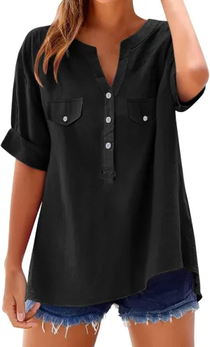 Summer Tops for Women 2025 Linen Short Sleeve Button Down V Neck T Shirts with Chest Pocket Casual Beach Tops