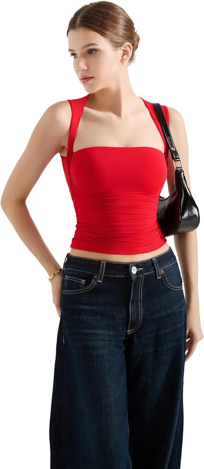 SUUKSESS Womens Square Neck Going Out Tank Tops Double Lined Summer Sleeveless Business Casual Shirt