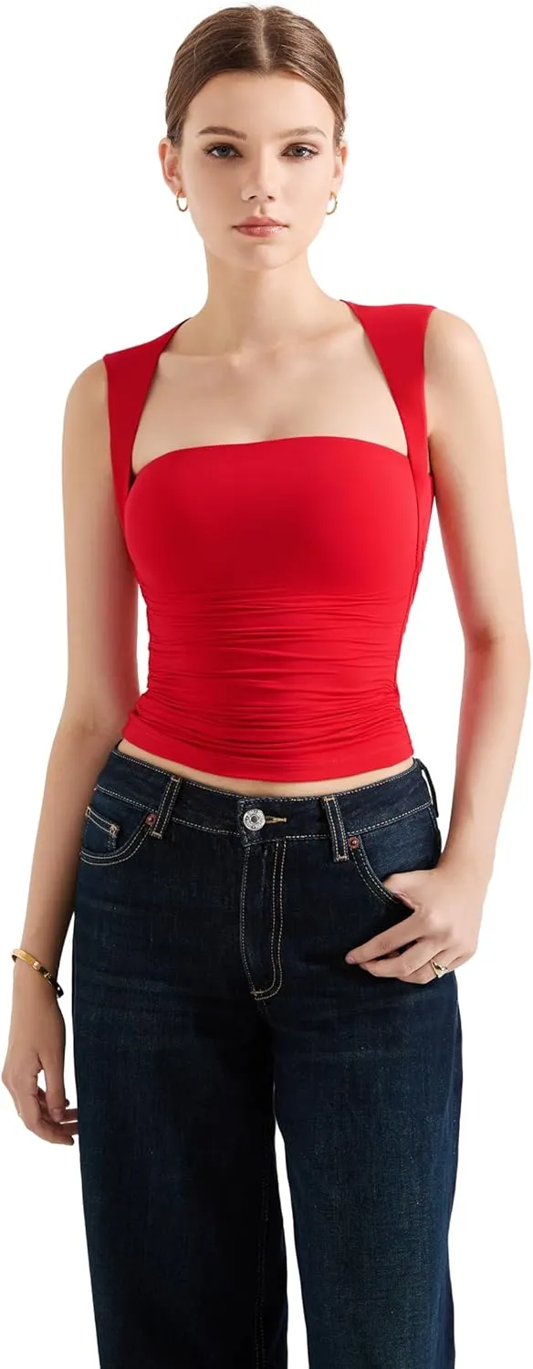 SUUKSESS Womens Square Neck Going Out Tank Tops Double Lined Summer Sleeveless Business Casual Shirt