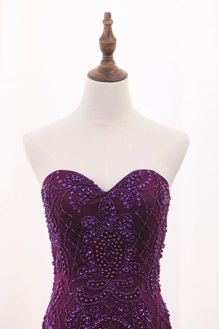 Sweetheart Mermaid Tulle Prom Dresses With Beading Sweep Train