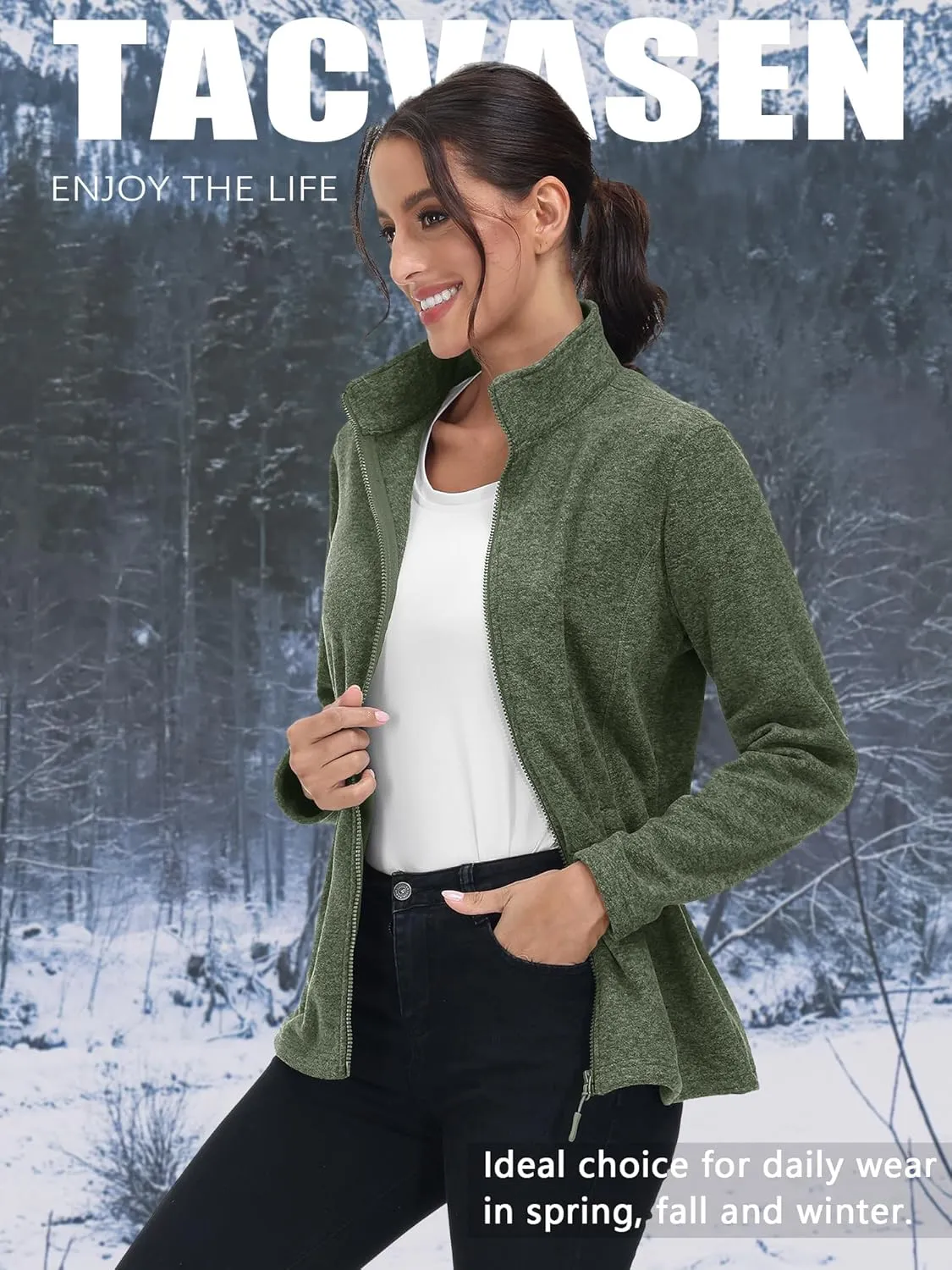 TACVASEN Women's Full Zip Fleece Jacket Lightweight Jacket Womens Winter Warm Coats with 2 Zipper Pockets