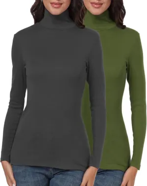 TAIPOVE Ribbed Knit Turtlenecks Shirts Women Cotton Turtle Neck Tops Long Sleeve Thermal Undershirt Slim Basic Pullover 2PKS