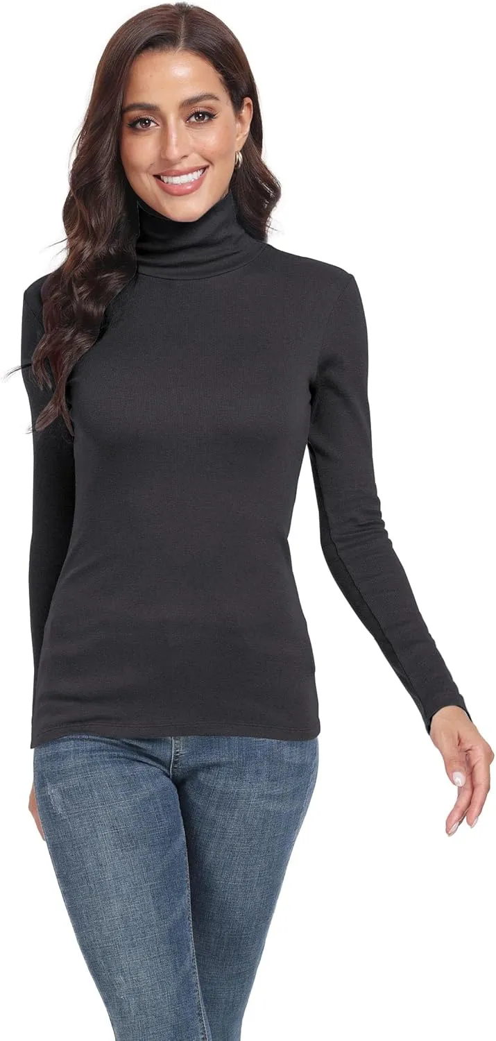 TAIPOVE Ribbed Knit Turtlenecks Shirts Women Cotton Turtle Neck Tops Long Sleeve Thermal Undershirt Slim Basic Pullover 2PKS