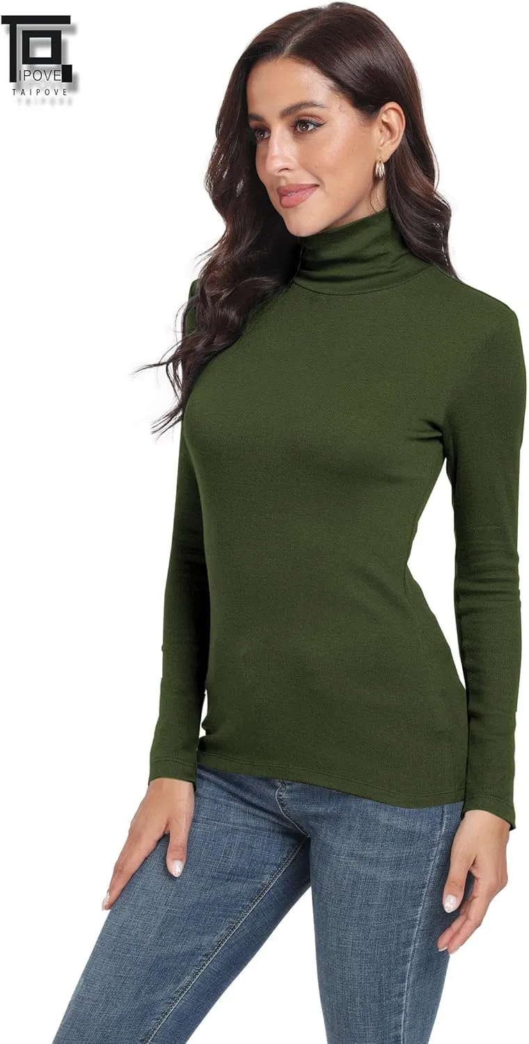 TAIPOVE Ribbed Knit Turtlenecks Shirts Women Cotton Turtle Neck Tops Long Sleeve Thermal Undershirt Slim Basic Pullover 2PKS