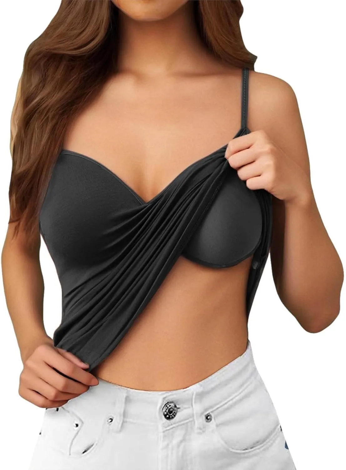 Tank Top with Built in Bra for Women Summer V Neck Spaghetti Strap Camisole Tops Cute Basic Double Lined Undershirts