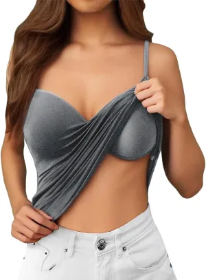 Tank Top with Built in Bra for Women Summer V Neck Spaghetti Strap Camisole Tops Cute Basic Double Lined Undershirts