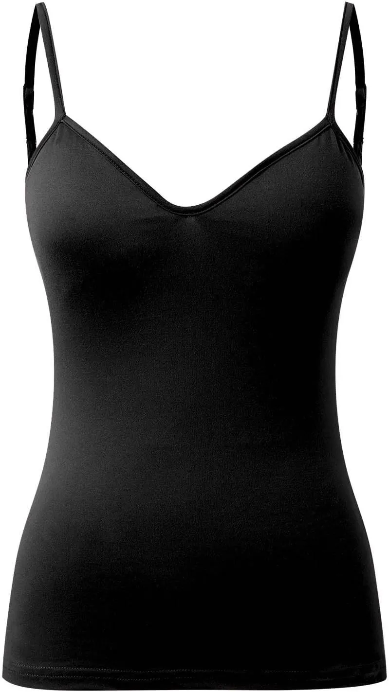 Tank Top with Built in Bra for Women Summer V Neck Spaghetti Strap Camisole Tops Cute Basic Double Lined Undershirts