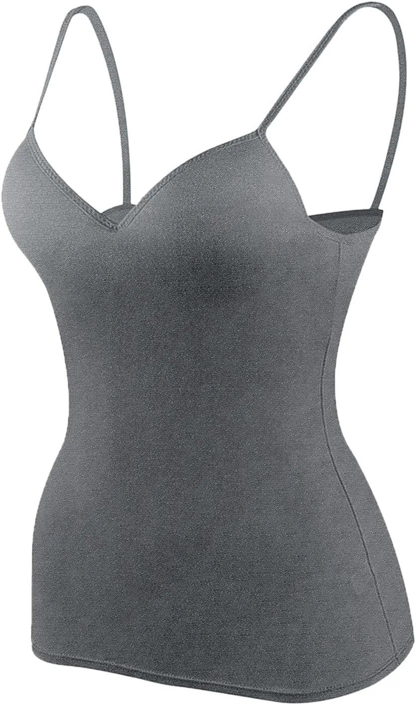 Tank Top with Built in Bra for Women Summer V Neck Spaghetti Strap Camisole Tops Cute Basic Double Lined Undershirts