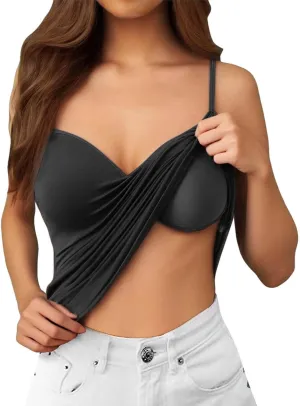 Tank Top with Built in Bra for Women Summer V Neck Spaghetti Strap Camisole Tops Cute Basic Double Lined Undershirts