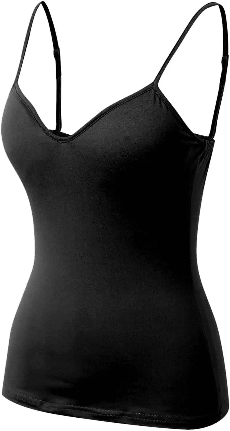 Tank Top with Built in Bra for Women Summer V Neck Spaghetti Strap Camisole Tops Cute Basic Double Lined Undershirts