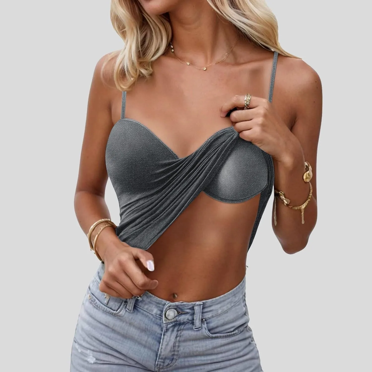 Tank Top with Built in Bra for Women Summer V Neck Spaghetti Strap Camisole Tops Cute Basic Double Lined Undershirts